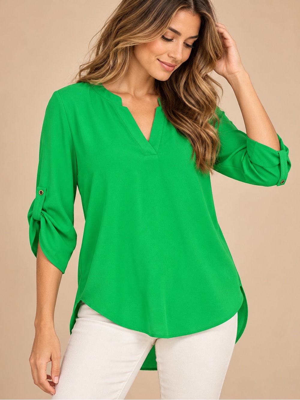 Chaus New York Green Roll Tab Sleeve High Low Blouse Size L
